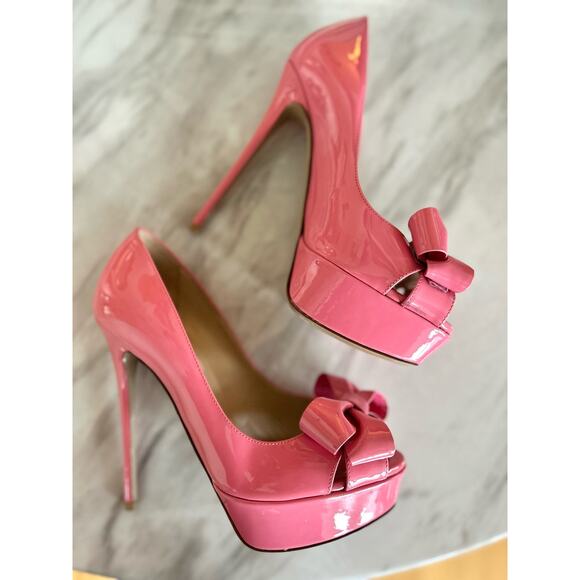 Valentino Garavani Bubblegum Pink Bow Platform Peep Toe Heels - Picture 2 of 16